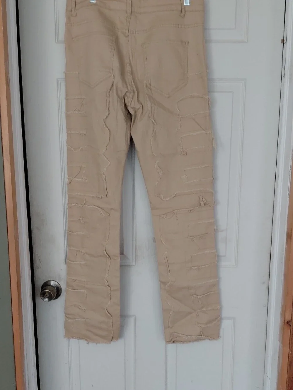 Unbranded Distressed Patchwork Pants 28 LARGE Khaki Frayed Streetwear Detail
